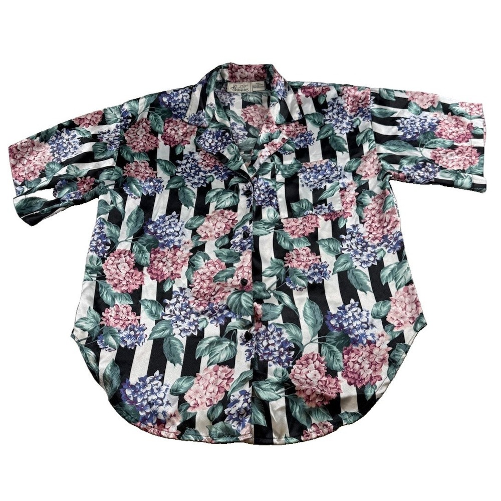 Vintage Jo Intimates Pajama Top Tunic Sleep Shirt Size S Striped Floral Satin